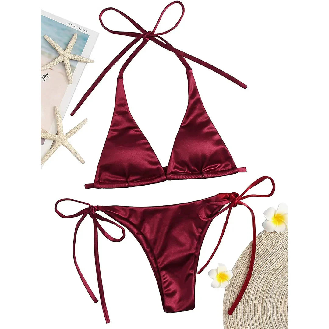 Sexy 13 colori Halter Satin Bikini brasiliano Donna Costumi da bagno Costume da bagno femminile Bikini a due pezzi Bagnante Costume da bagno Swim V4966