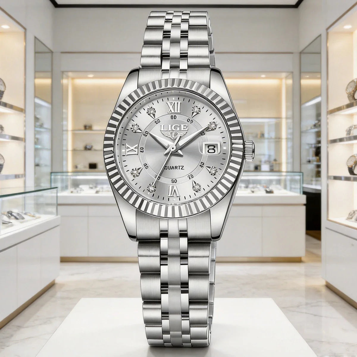 Orologio da Polso LIGE di Lusso con Strass per Donna, Cinturino in Acciaio Inossidabile, Movimento al Quarzo, Regalo, Reloj Mujer