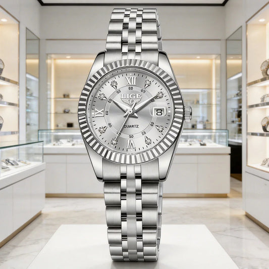 Orologio da Polso LIGE di Lusso con Strass per Donna, Cinturino in Acciaio Inossidabile, Movimento al Quarzo, Regalo, Reloj Mujer