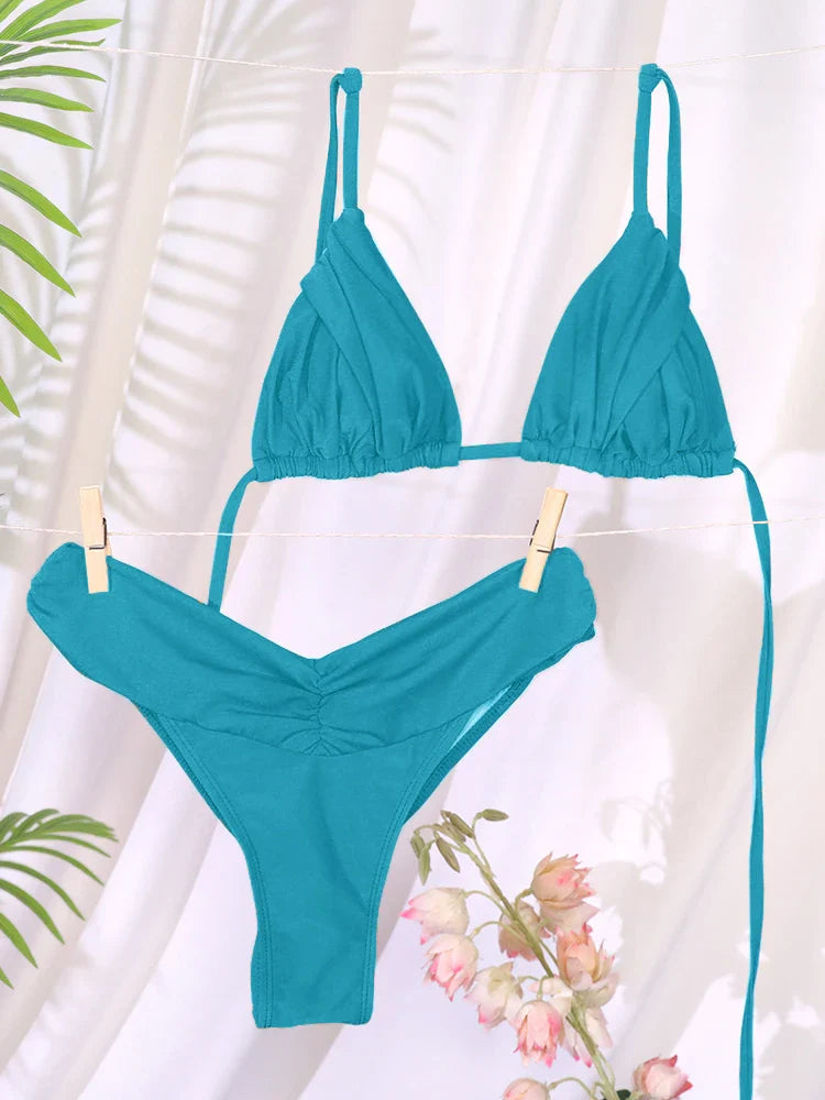 Set Bikini Sexy con Pieghe, Micro Bikini Tinta Unita, Costume da Bagno Femminile a Triangolo, Abbigliamento da Spiaggia