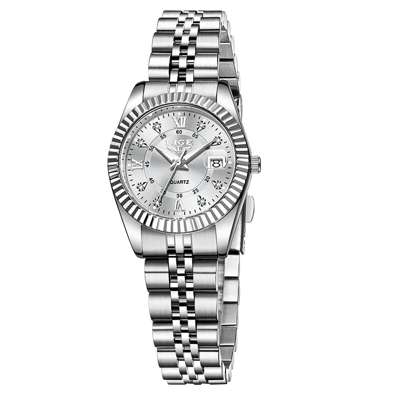Orologio da Polso LIGE di Lusso con Strass per Donna, Cinturino in Acciaio Inossidabile, Movimento al Quarzo, Regalo, Reloj Mujer