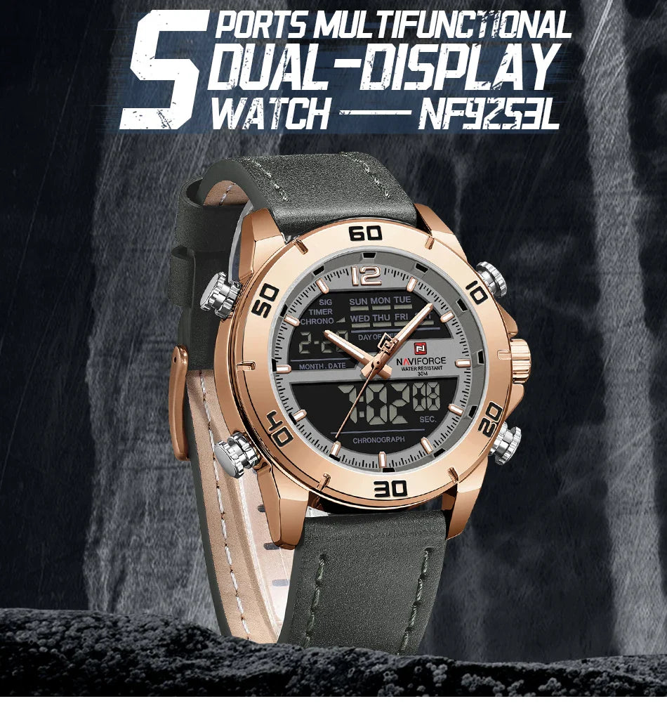 NAVIFORCE Orologio alla moda da uomo con cinturino in vera pelle Movimento al quarzo resistente all'acqua 30M Display luminoso con giorno e data F