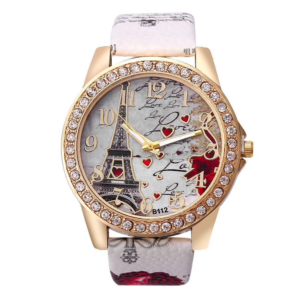 Orologio al quarzo in pelle PU da donna alla moda con strass Torre Eiffel
