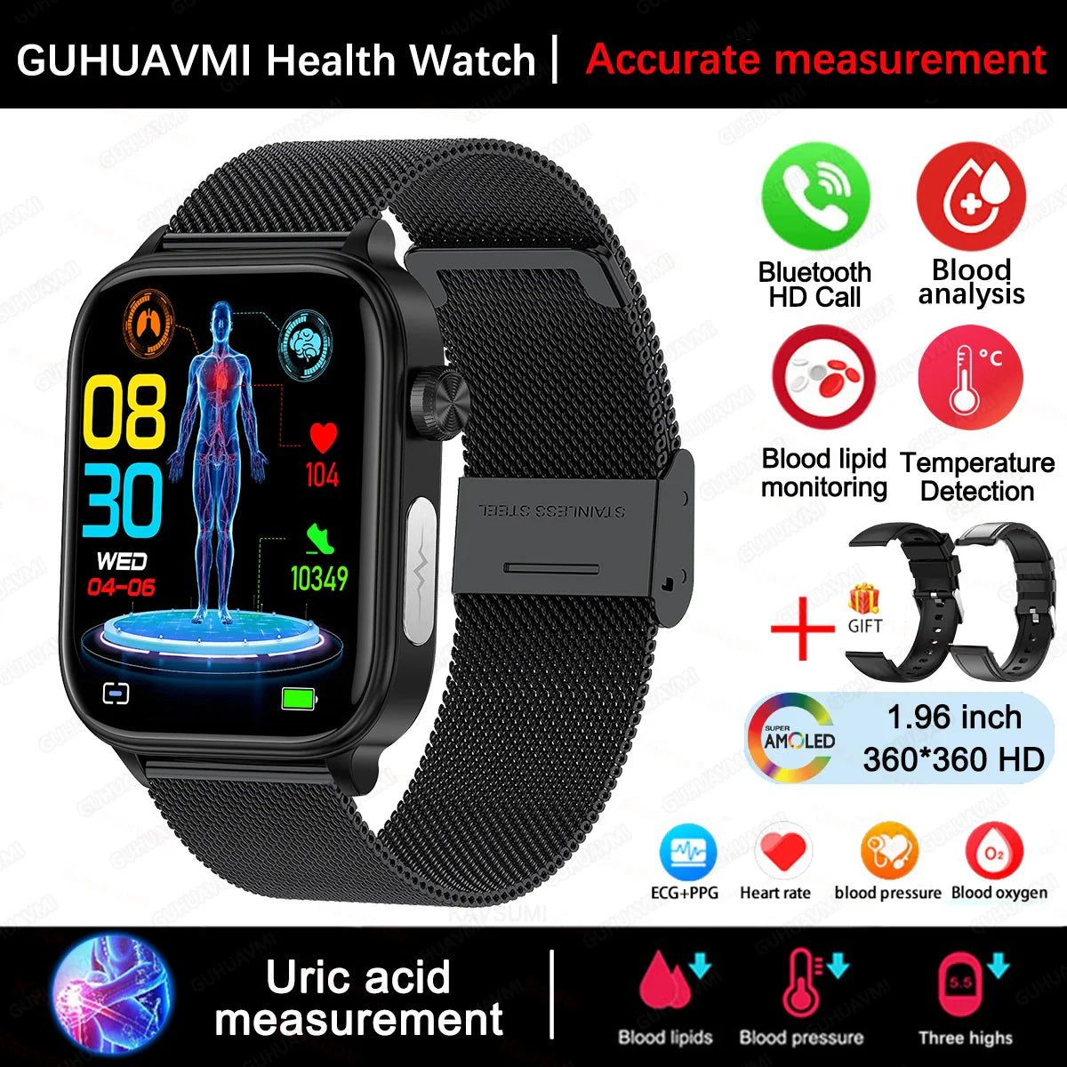 Nuovo 2025 Smartwatch per XIAOM1 con ECG+PPG, Monitoraggio Grasso Sanguigno e Acido Urico, Frequenza Cardiaca, Pressione Sanguigna, Chiamate Bluetooth per Uomini e Donne