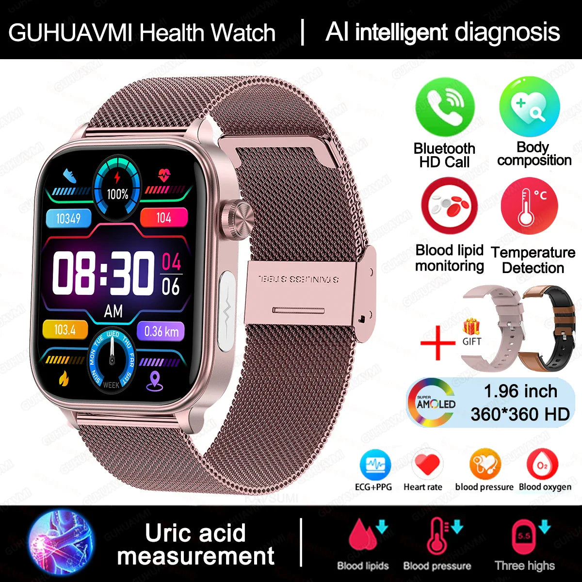 2025 Nuovo AI Diagnosi Lipidi nel sangue Acido urico Test di composizione corporea Smart Watch per uomo ECG + PPG Chiamata Bluetooth Salute Smartwatch