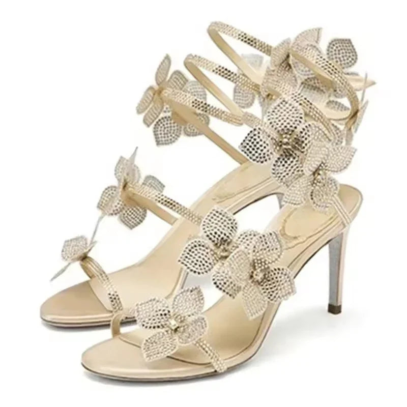 Aneikeh Elegant Pink Wedding Shoes CRYSTAL Bow High Heels Sandals Woman Summer Ankle Strap Thin High Heels Open Toed Party Shoes