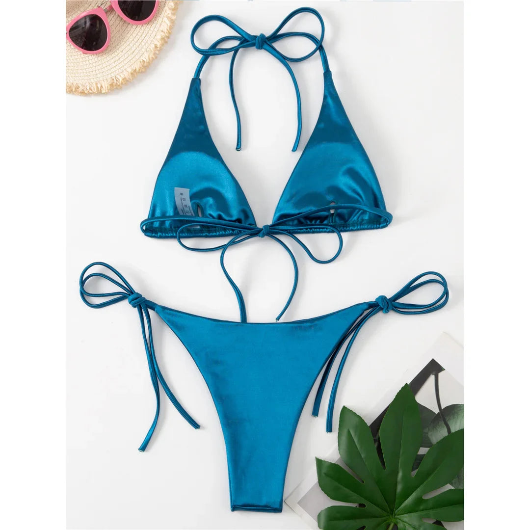 Sexy 13 colori Halter Satin Bikini brasiliano Donna Costumi da bagno Costume da bagno femminile Bikini a due pezzi Bagnante Costume da bagno Swim V4966