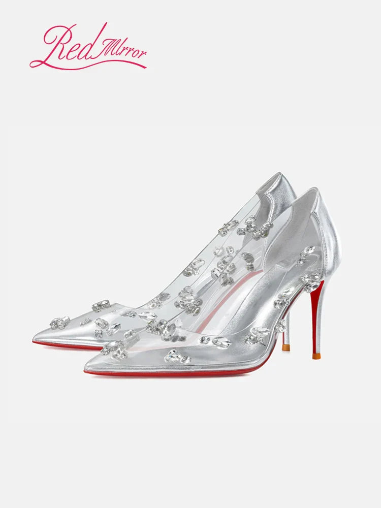 Red sole transparent pointed head sexy female stiletto high heels wedding shoes silver rhinestone crystal fairy style new 2024