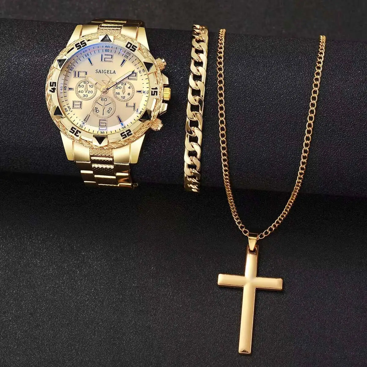 3 pz/set moda quadrante grande orologio al quarzo da uomo orologi da uomo d'affari di lusso collana braccialetto set Reloj Hombre (senza scatola)