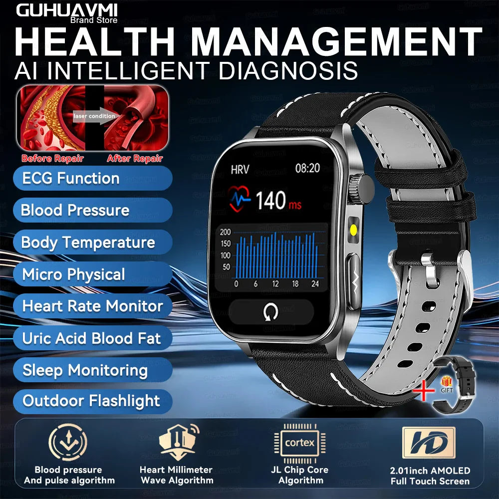 2026 Nuovo 650nm Terapia Laser Grassi nel sangue Acido urico Pressione sanguigna Smart Watch ECG + PPG Preciso Monitor di salute Smartwatch per gli uomini