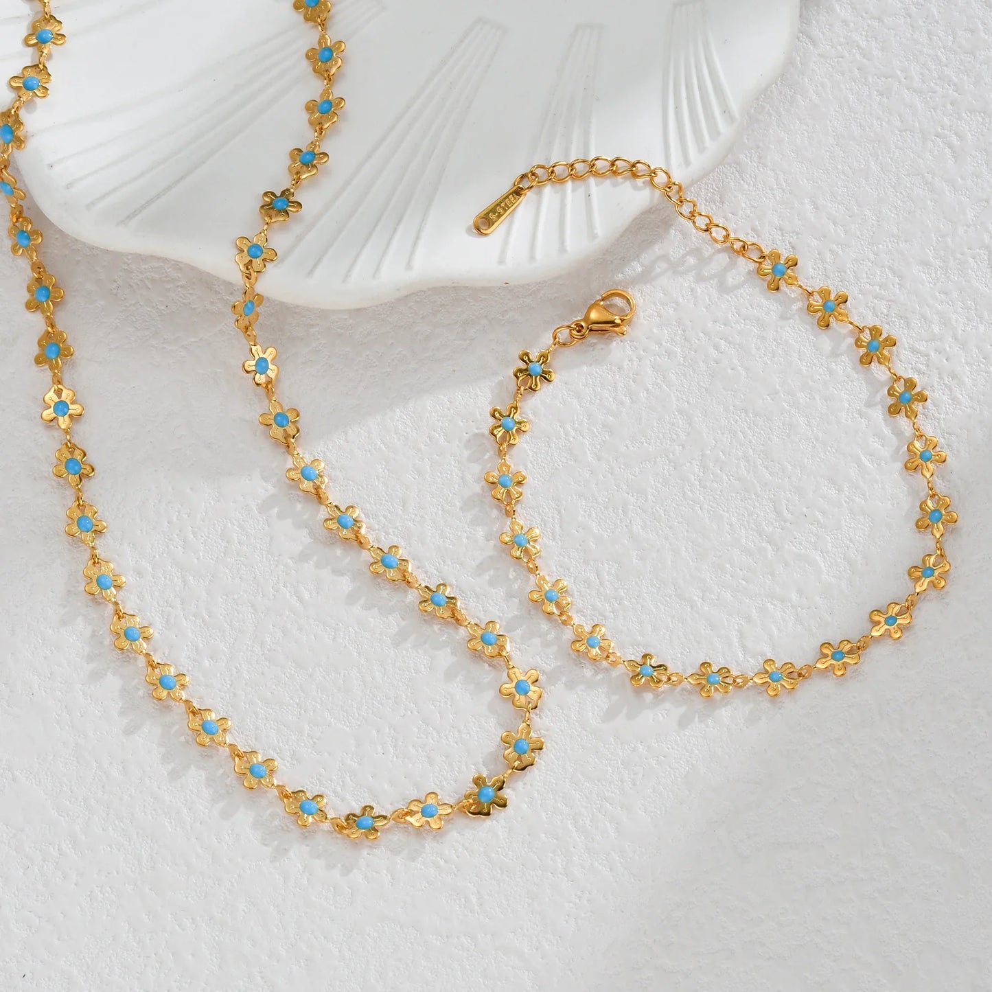Sifisrri Set di gioielli con bracciale a catena con fiore blu olio vintage per donna, ragazza, regalo di San Valentino alla moda in acciaio inossidabile