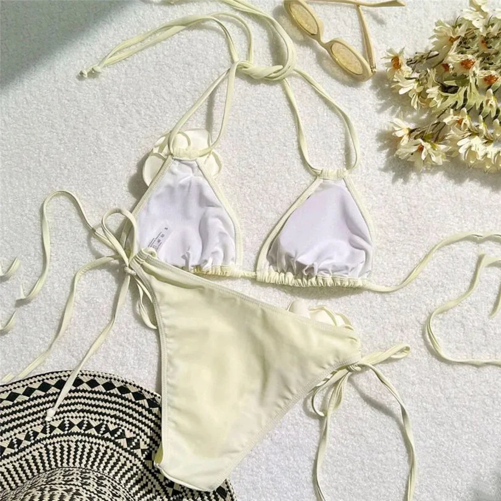 Costume da Bagno Sexy con Fiori e Fascia, Bikini a Perizoma 2025, Costumi da Bagno Donna con Lacci, Set Bikini Brasiliano, Biquini Mujer