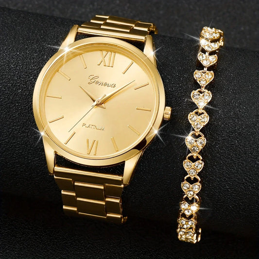 2 pezzi/set orologio al quarzo moda dorato orologio da polso e braccialetto minimalista con cinturino in acciaio, regali per le donne