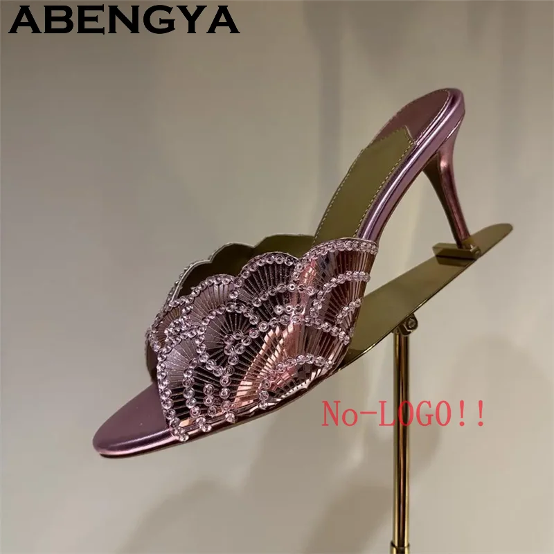 2026 Summer Trendy New Shiny Fish Mouth Toe Sexy Stiletto Sandals Woman Quality Sequined Thin High Heel Slippers for Women Shoes