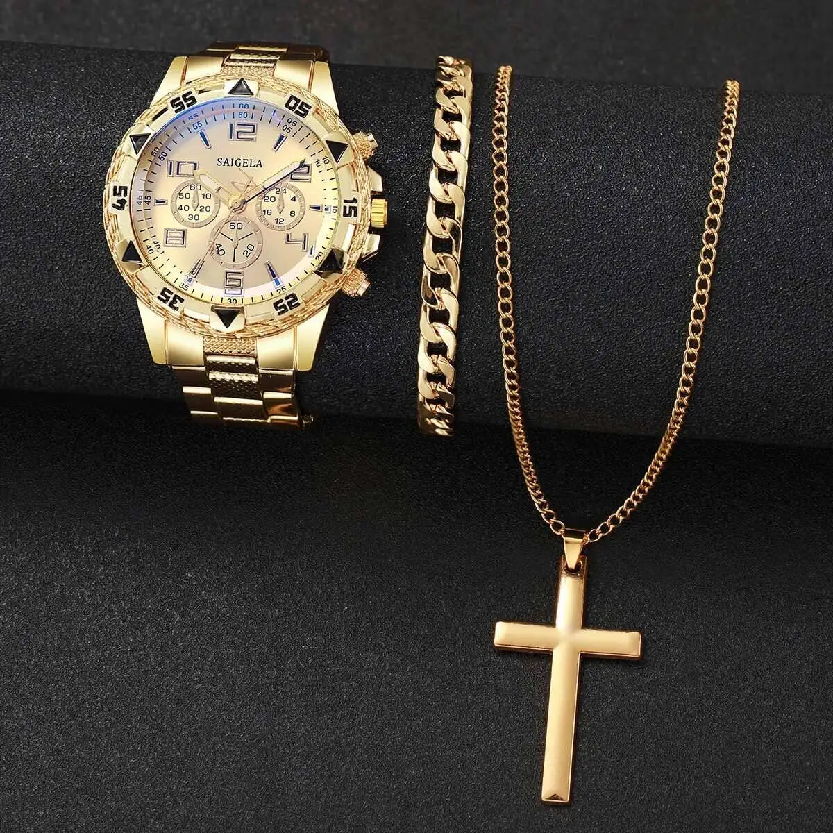 3 pz/set moda quadrante grande orologio al quarzo da uomo orologi da uomo d'affari di lusso collana braccialetto set Reloj Hombre (senza scatola)