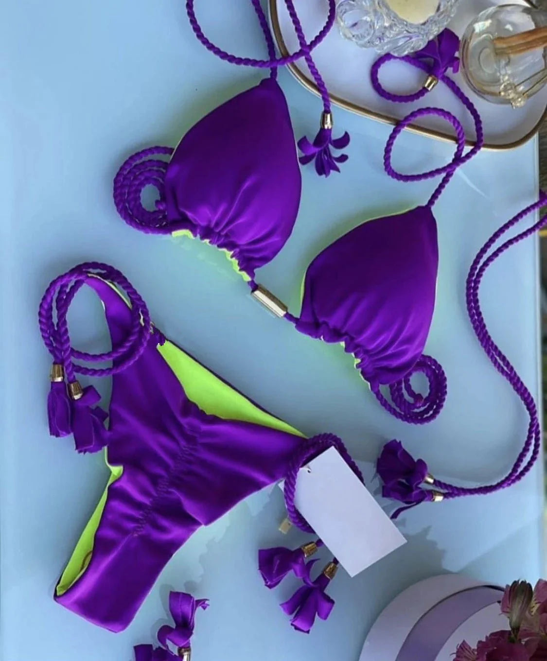 Costume da bagno sexy da donna in tinta unita, due pezzi, triangolare, con corda intrecciata, set bikini, costume da bagno da spiaggia, Biquinis brasiliani