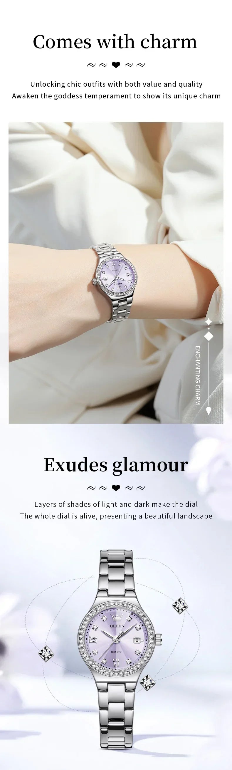 OLEVS 5628 Orologio al quarzo da donna Orologio da polso impermeabile luminoso in acciaio inossidabile con scala di diamanti e funzione data