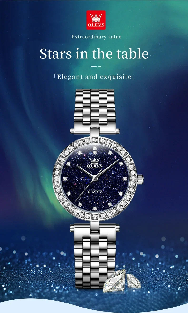 OLEVS 3641 Elegante orologio al quarzo da donna impermeabile Quadrante stellato luminoso in acciaio inossidabile con confezione regalo - Accessorio alla moda da donna