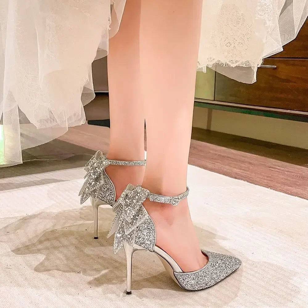 Shoes for Woman 2025 Silver Women's heeled Summer Footwear Wedding Bride Shoe Rhinestone Pointed Toe Super High Heel Diamond
