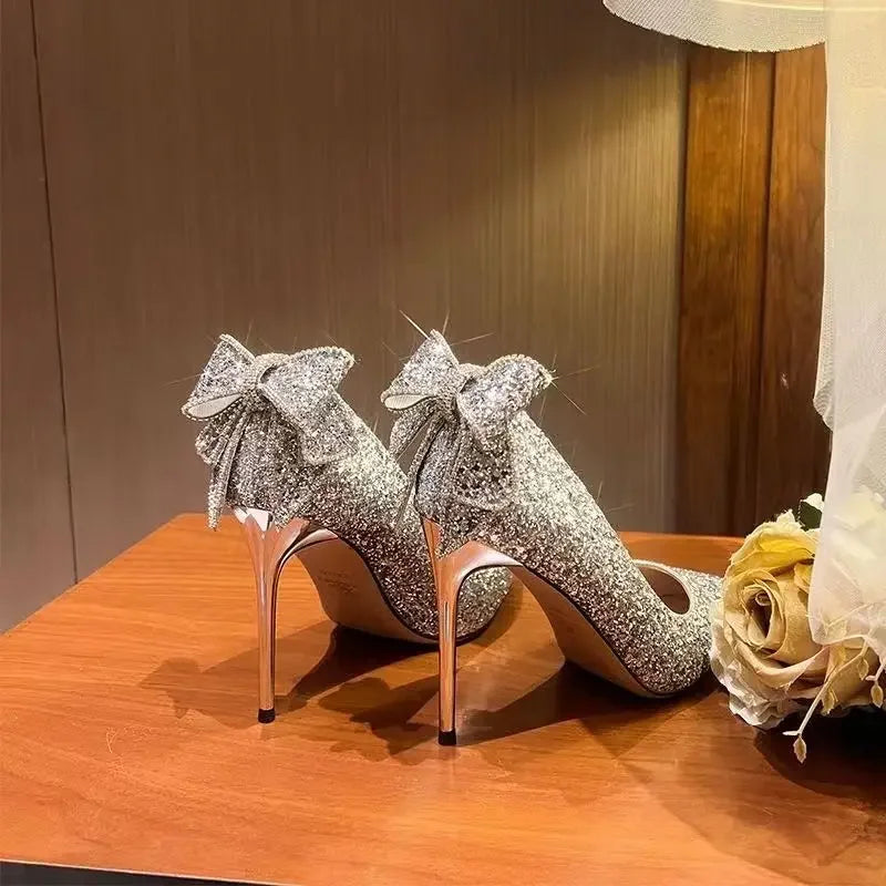 Shoes for Woman 2025 Silver Women's heeled Summer Footwear Wedding Bride Shoe Rhinestone Pointed Toe Super High Heel Diamond