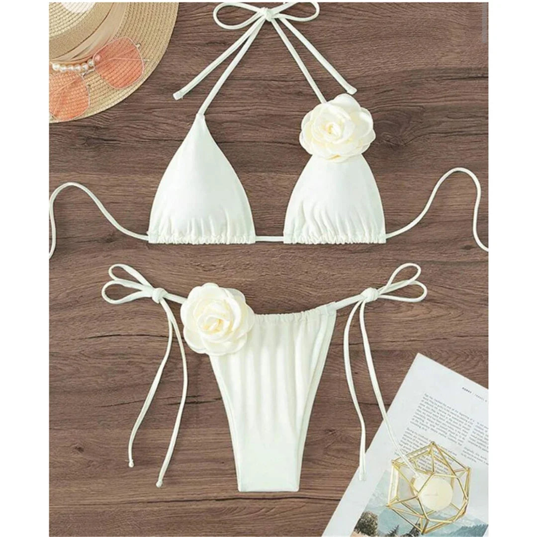 Costume da Bagno Sexy con Fiori e Fascia, Bikini a Perizoma 2025, Costumi da Bagno Donna con Lacci, Set Bikini Brasiliano, Biquini Mujer