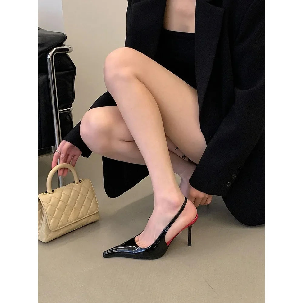 Eilyken Spring Fashion Sexy Thin Heels Pointed Toe Pumps Women Mule Shoes Elegant Patent Leather Banquet Striptease Sandals