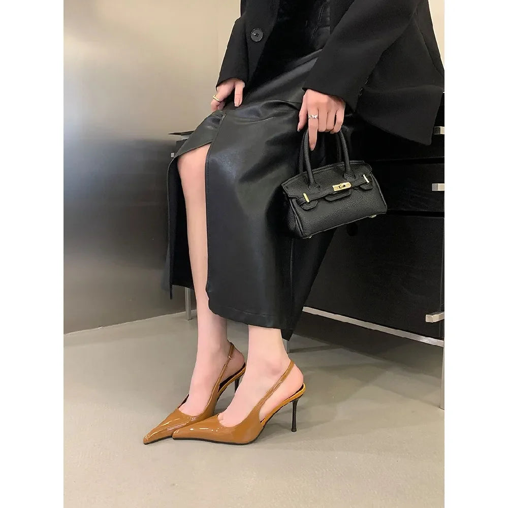 Eilyken Spring Fashion Sexy Thin Heels Pointed Toe Pumps Women Mule Shoes Elegant Patent Leather Banquet Striptease Sandals