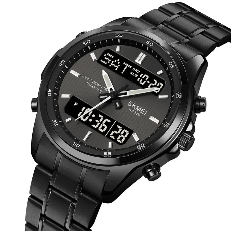 Skmei orologio da polso analogico al quarzo da uomo cinturino in acciaio inossidabile di lusso Led impermeabile digitale sportivo sveglia a tre fusi orari