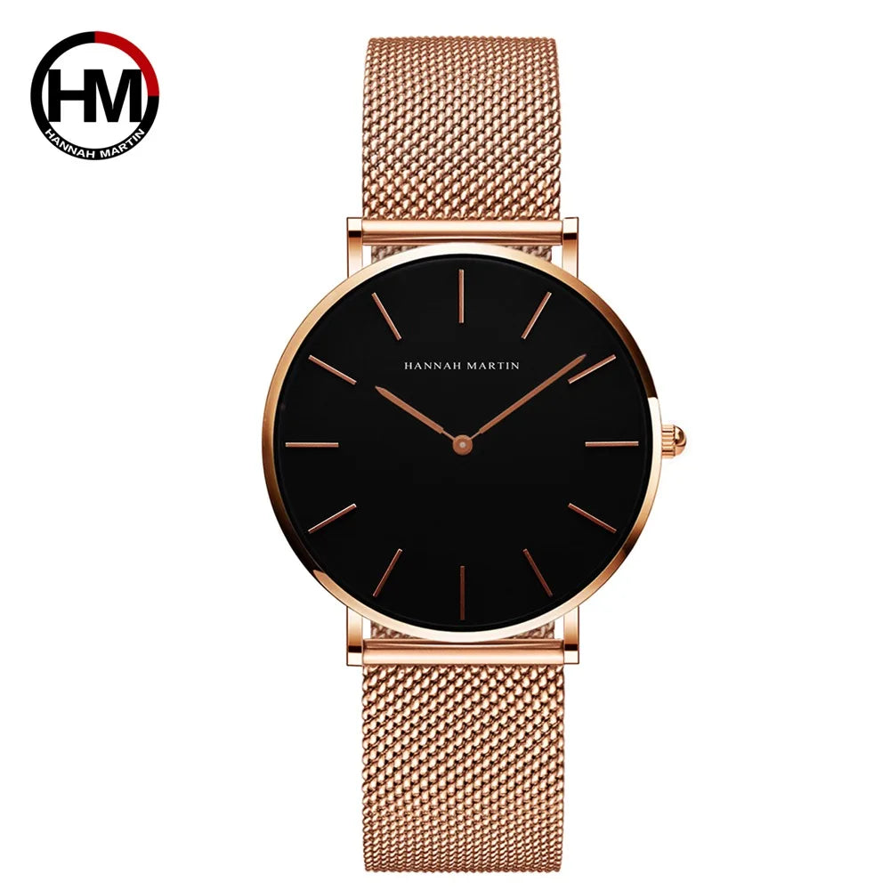 HANNAH MARTIN Movimento al quarzo giapponese in acciaio inossidabile di qualità del marchio Orologio Dropshipping da donna impermeabile da 36 mm in oro rosa completo