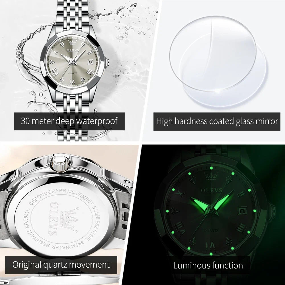 OLEVS 9931 Elegante Orologio da Donna di Lusso, Marca Originale, Movimento al Quarzo, Impermeabile, in Acciaio Inossidabile, Luminoso con Data
