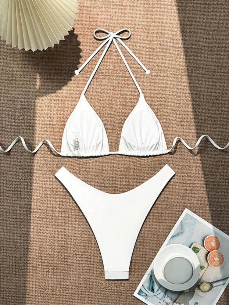 Costume da bagno bikini a perizoma da donna sexy, tinta unita bianco/nero/caffè, con laccetti, stile brasiliano, nuovo, in doppio tessuto, per la spiaggia