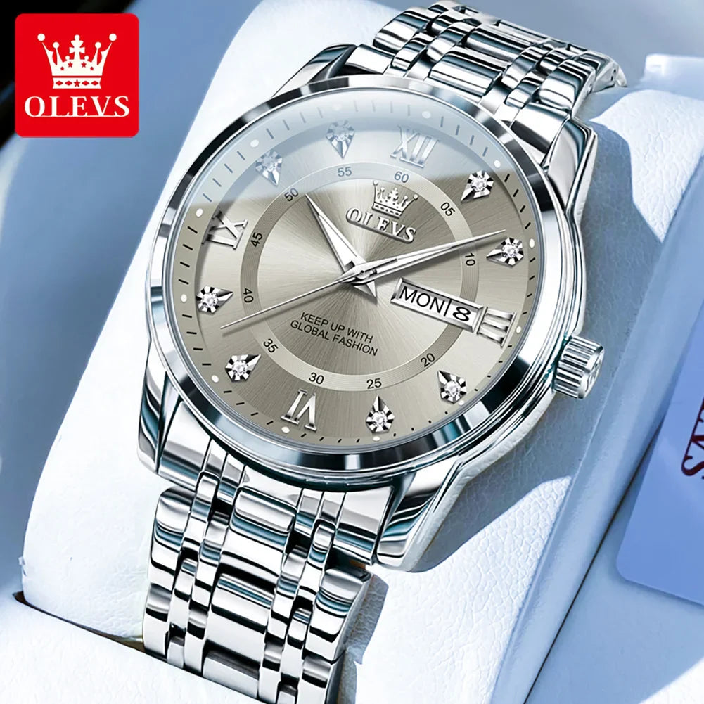 OLEVS 5513 Orologio da uomo Orologio luminoso impermeabile al quarzo originale di marca di moda per uomo Scatola per orologio con doppio calendario in acciaio inossidabile