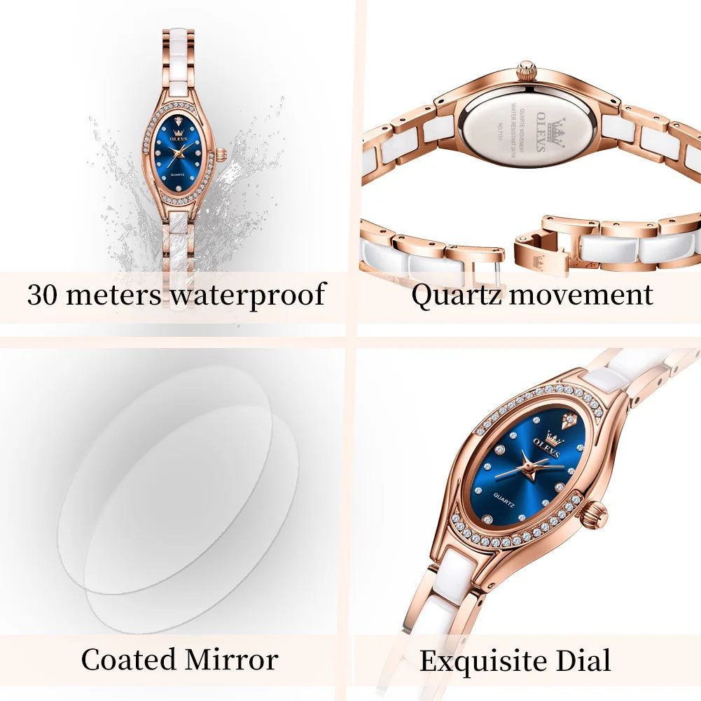 OLEVS 7131 Orologio da Donna Elegante con Movimento al Quarzo, Cinturino in Porcellana, Impermeabile 30m, Quadrante con Diamanti, Orologio alla Moda per Donne