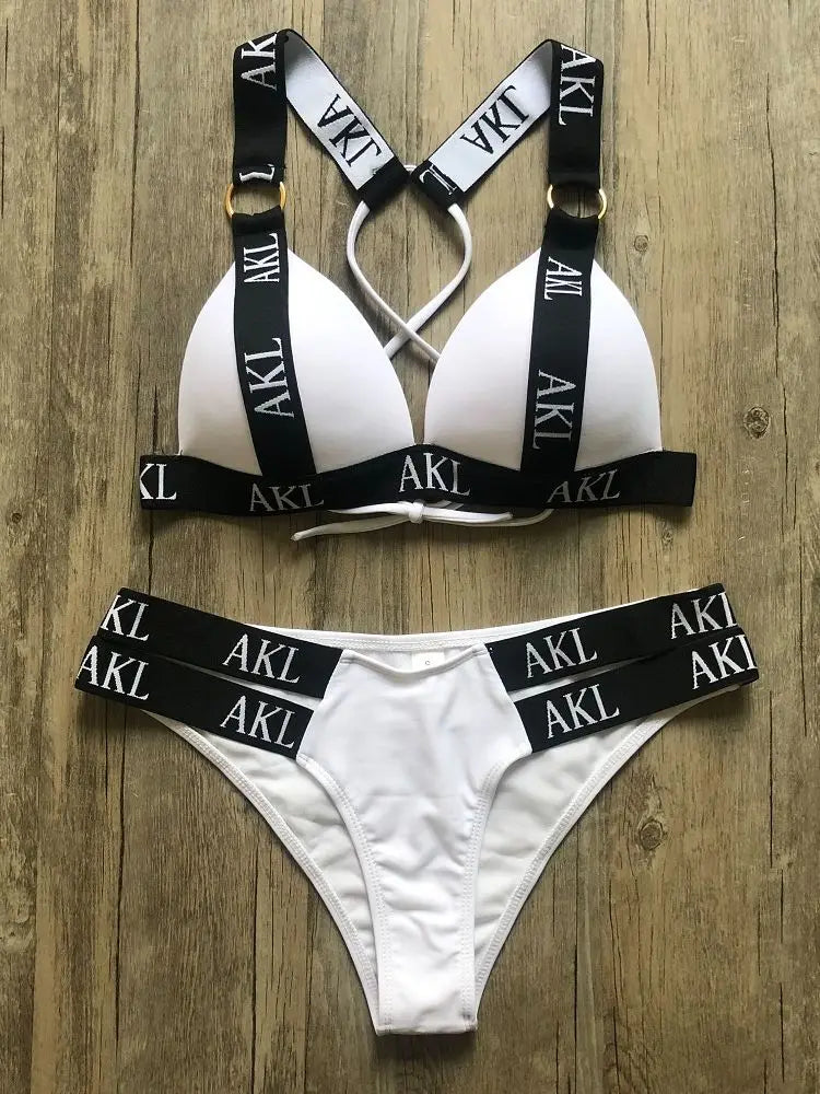 Costumi da bagno da donna Costume da bagno Push Up Bikini 2023 Mujer Lace Up Bikini Costume da bagno donna Stampa di lettere Mini Perizoma Bikini Set
