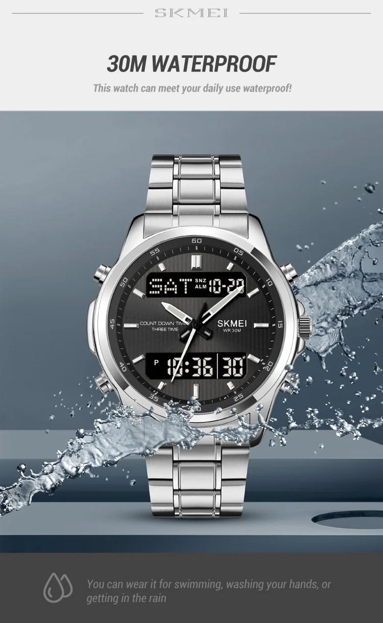 Skmei orologio da polso analogico al quarzo da uomo cinturino in acciaio inossidabile di lusso Led impermeabile digitale sportivo sveglia a tre fusi orari