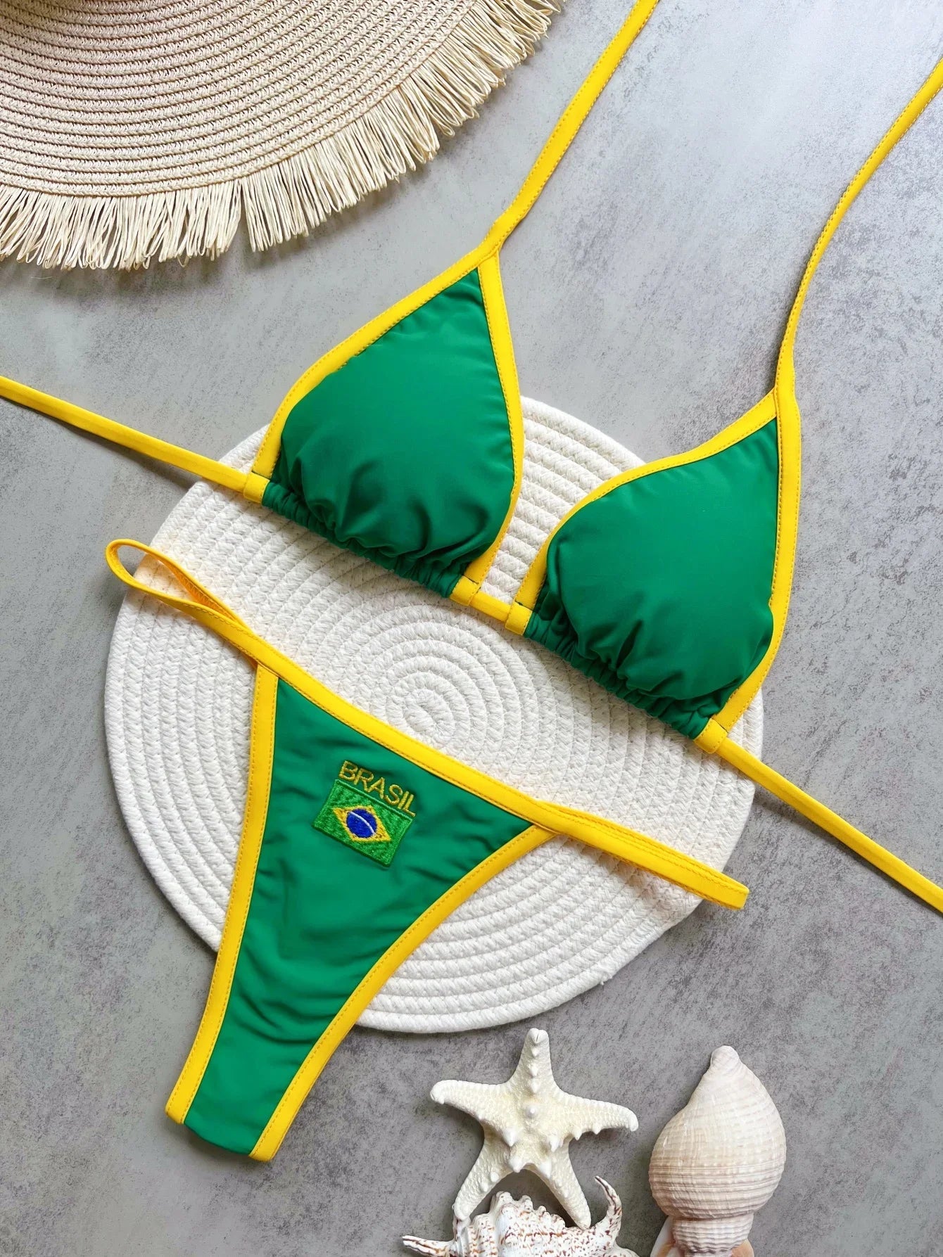 Costume da Bagno Bikini Brasiliano Ricamato a Contrasto con Patchwork per Donna - Set Estivo da Spiaggia
