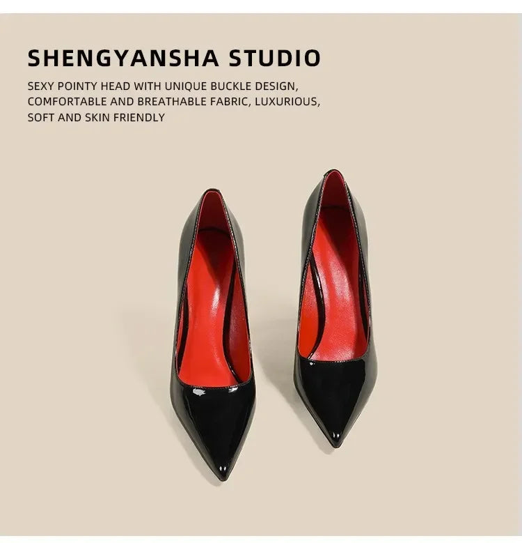 7cm Black Red Sole High Heels Spring Pointed Toe Stiletto Heel Sexy Shiny Single Shoes Fashion Patent Leather Women's Shoes