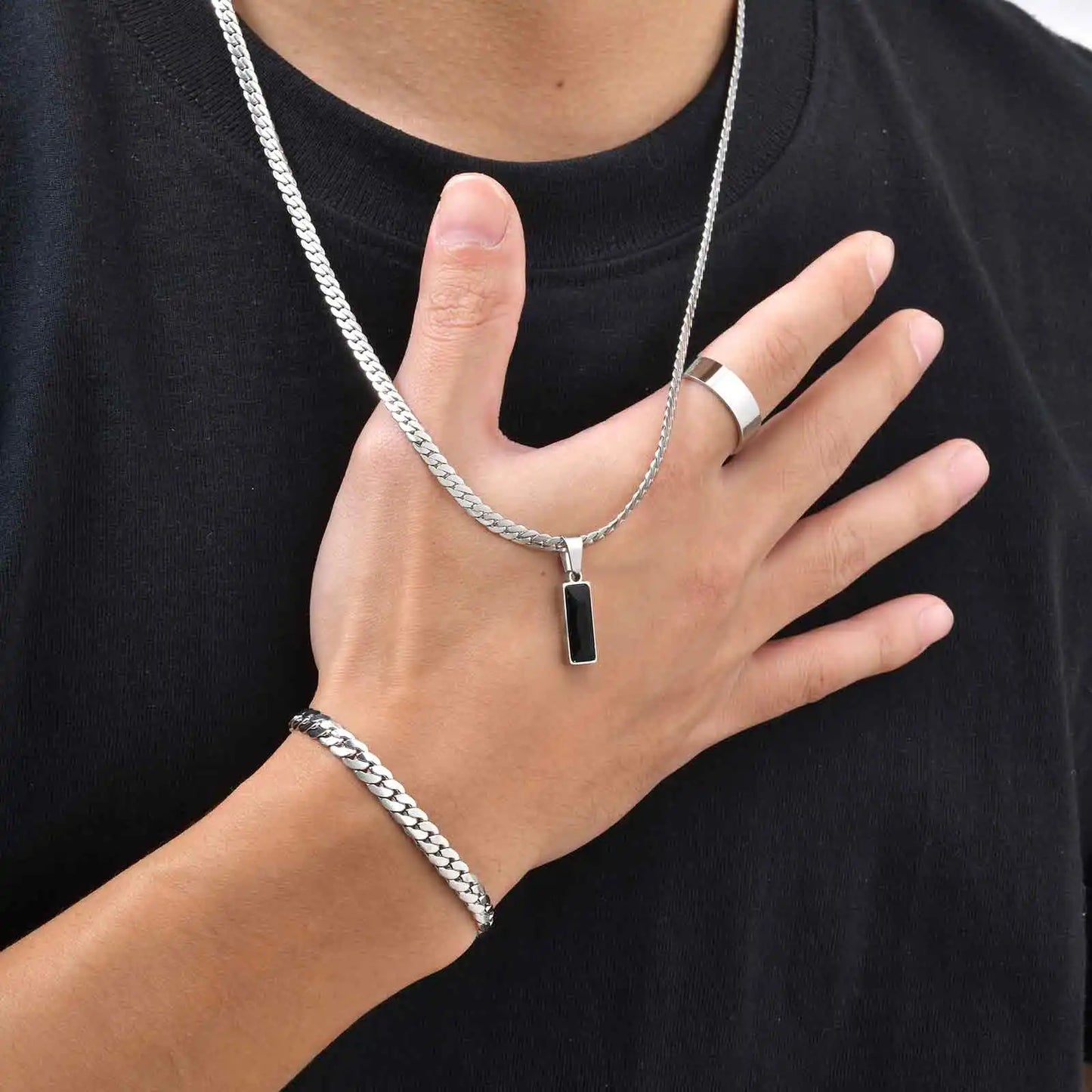 Elegante Set di Gioielli da Uomo con 3 Pezzi, Catena Cubana Piatta, Ciondolo Geometrico in Acciaio Inox con Pietra, Gioielli Hip Hop, Regalo per Lui