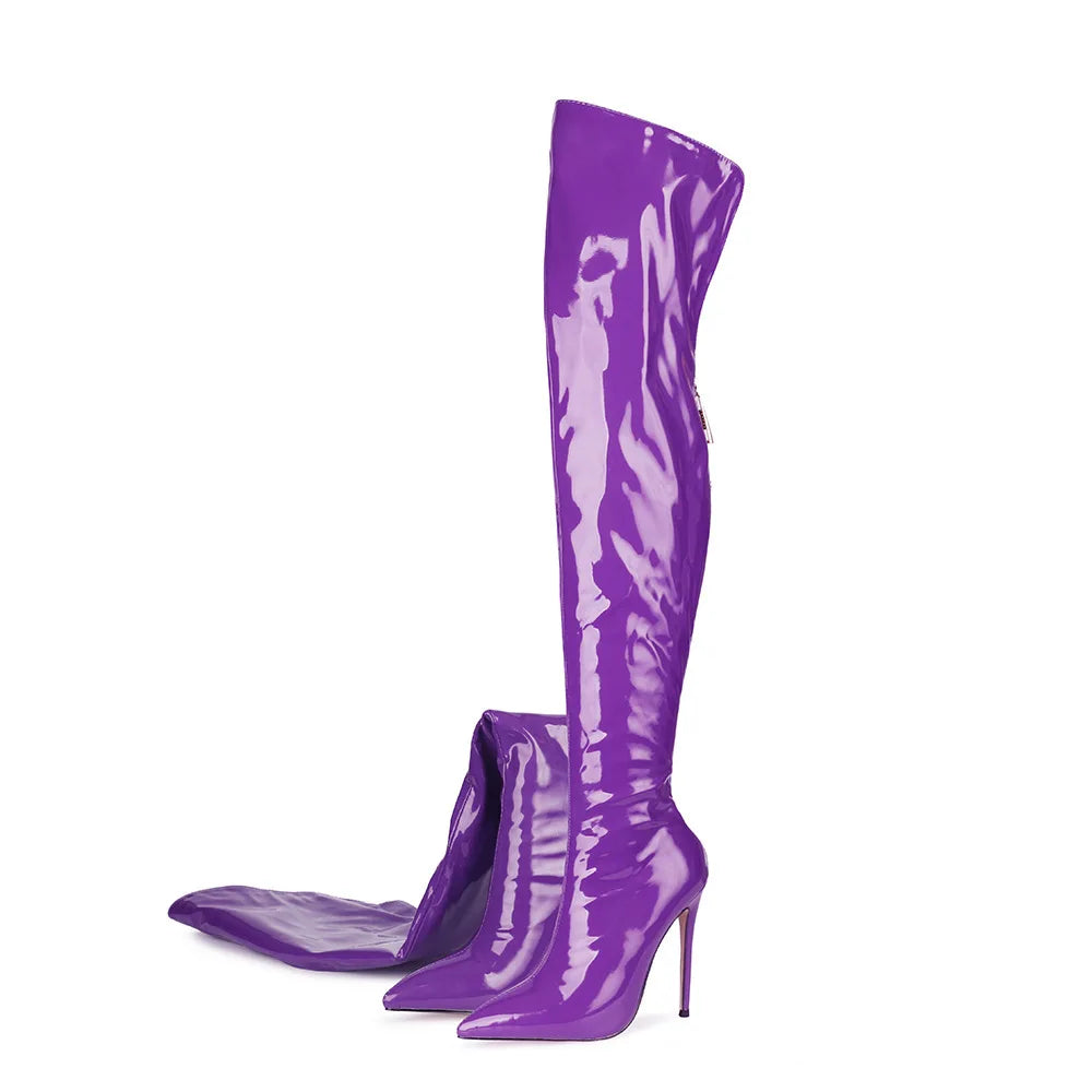 New Sexy Fashion Patent Leather Women Over Knee Boots Black White Long Boots Ladies Pointed Toe Classic High Heels Shoes Large