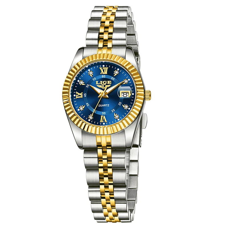 Orologio da Polso LIGE di Lusso con Strass per Donna, Cinturino in Acciaio Inossidabile, Movimento al Quarzo, Regalo, Reloj Mujer