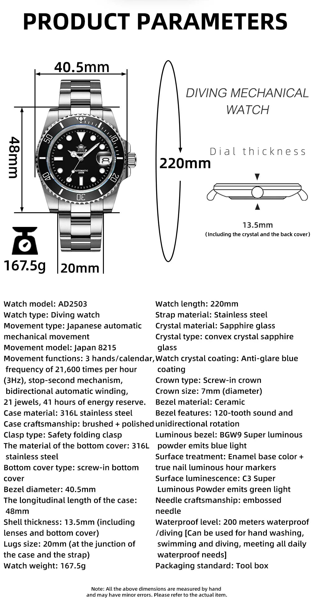 ADDIESDIVE Orologio automatico da uomo di lusso 8215 Orologio meccanico BGW9 Orologio da sub in vetro zaffiro luminoso Orologio analogico da uomo AD2503