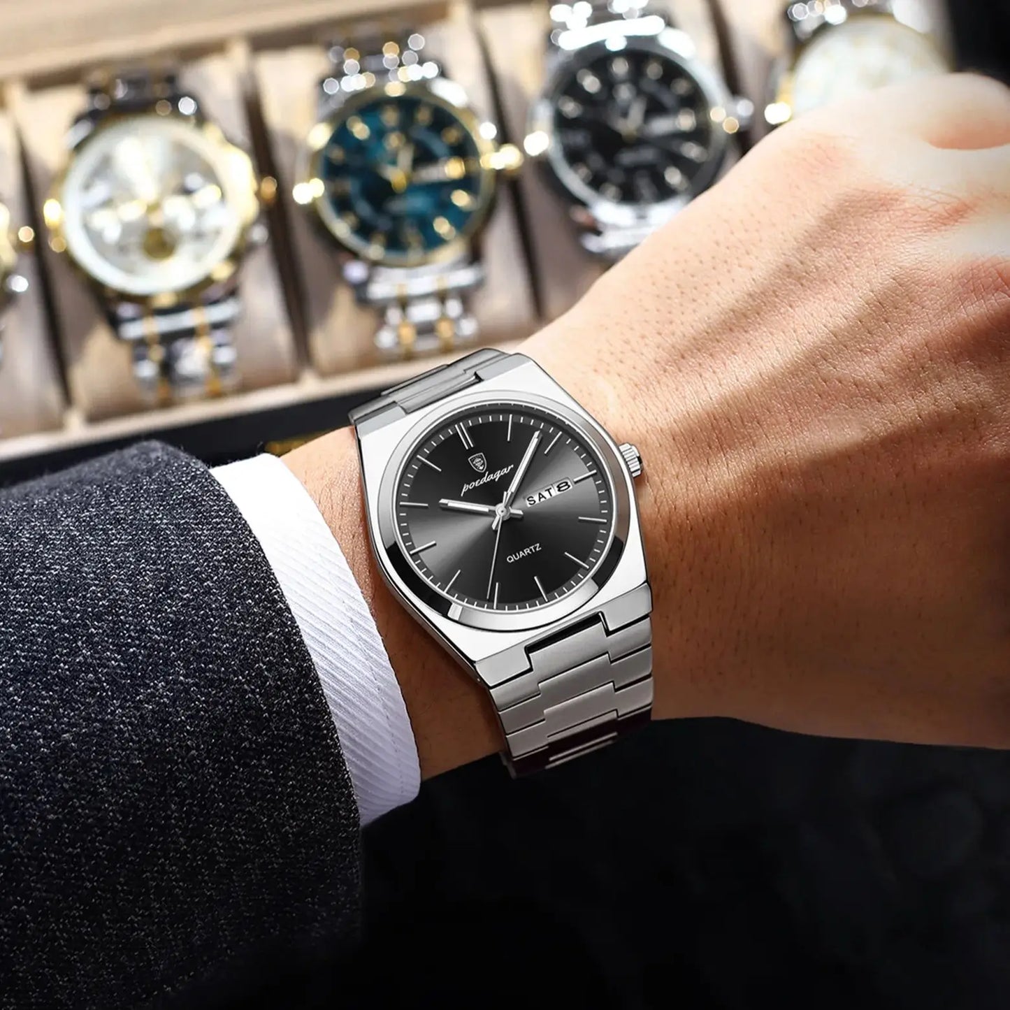 POEDAGAR Orologio da polso al quarzo da uomo di lusso Impermeabile luminoso Data Settimana Orologio da uomo Orologi da uomo d'affari in acciaio inossidabile