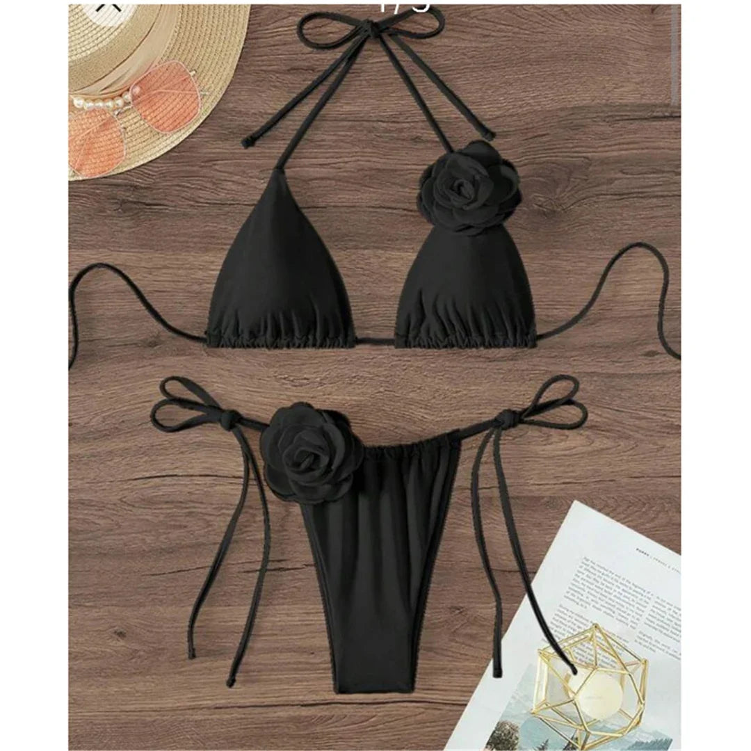 Costume da Bagno Sexy con Fiori e Fascia, Bikini a Perizoma 2025, Costumi da Bagno Donna con Lacci, Set Bikini Brasiliano, Biquini Mujer