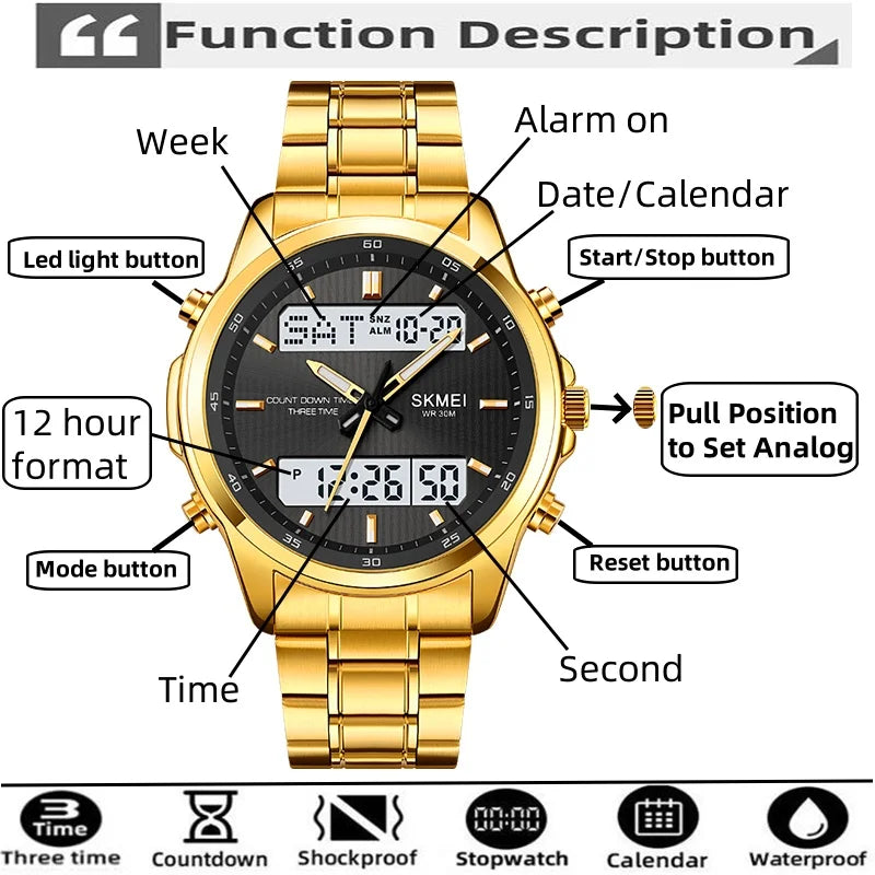 Skmei orologio da polso analogico al quarzo da uomo cinturino in acciaio inossidabile di lusso Led impermeabile digitale sportivo sveglia a tre fusi orari