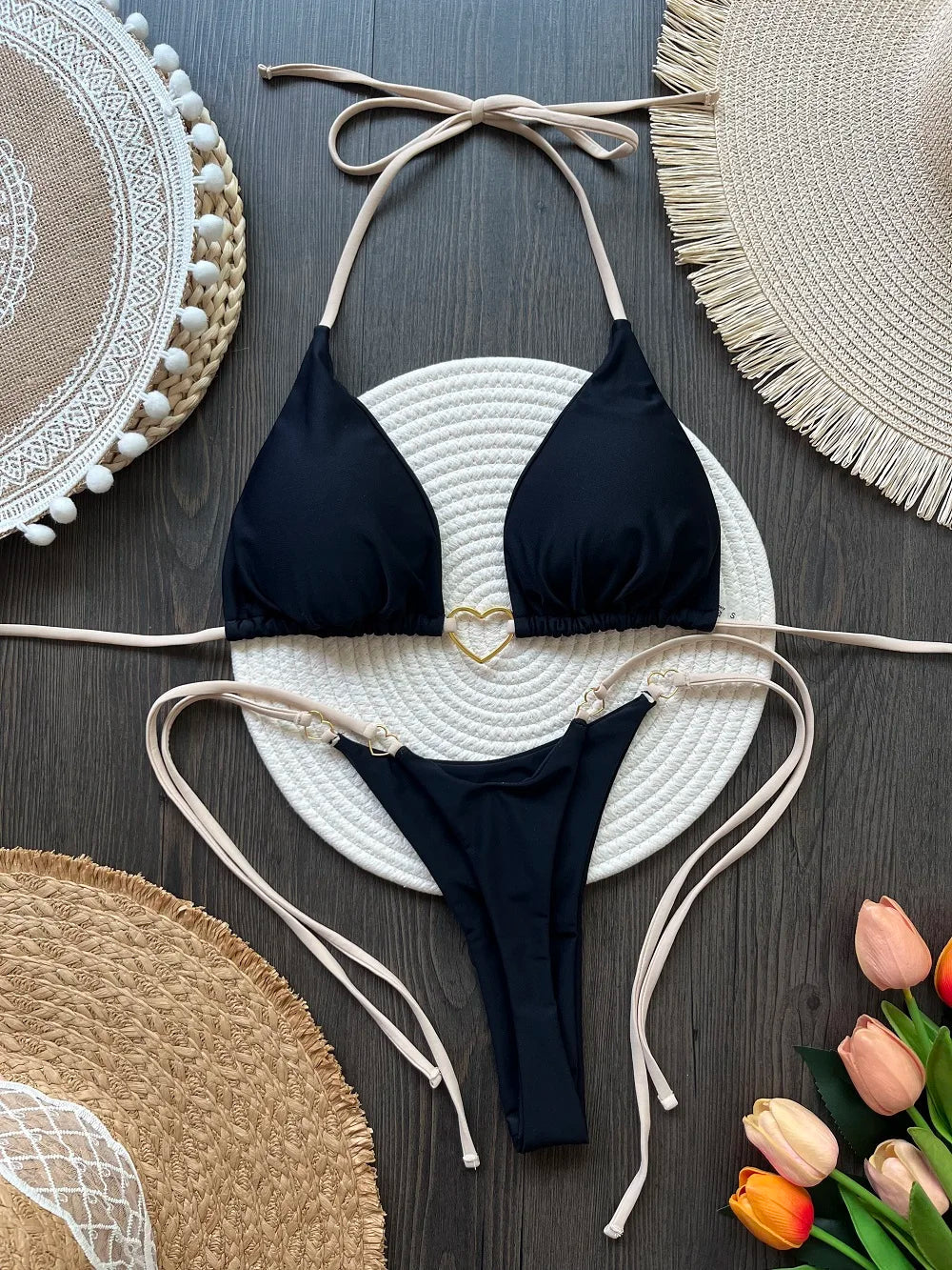 Costume da bagno bikini sexy da donna a tinta unita, due pezzi, rosso
