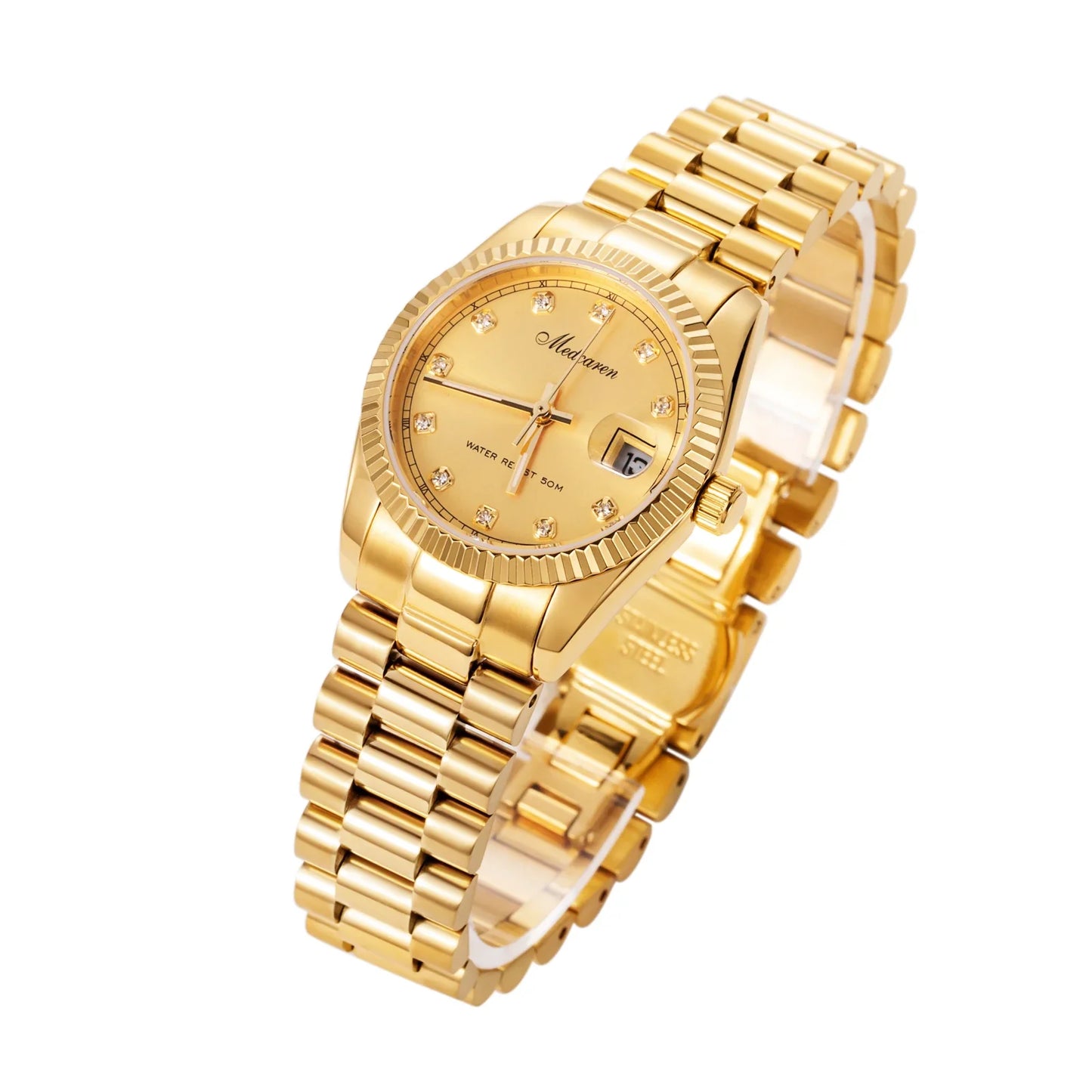 Orologio al Quarzo da Donna alla Moda 30mm, Cronografo in Oro 24K con Doppio Calendario, Cinturino in Acciaio Inossidabile, Impermeabile, Regalo per Moglie
