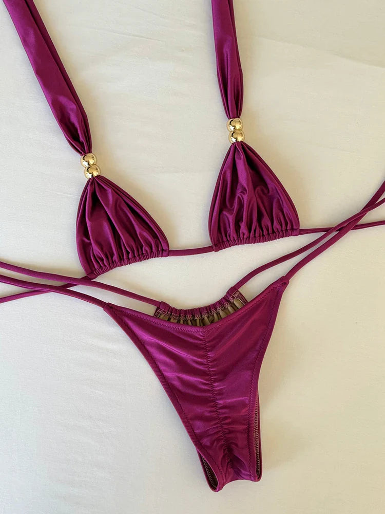 2025New Sexy a vita bassa Micro Bikini Set Costumi da bagno Donna Costume da bagno Solido brasiliano con spalline Halter Beachwear Costume da bagno biquini