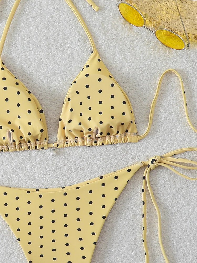 Bikini di Tendenza 2026, Costume da Bagno Sexy con Perle, Micro Bikini a Pois, Abbigliamento da Spiaggia per Donna