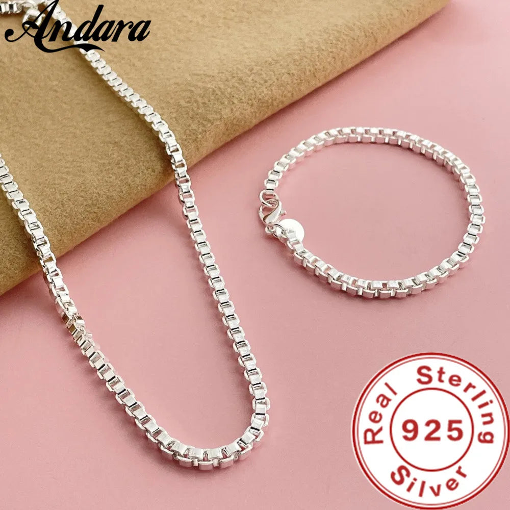 Andara Set di collana e bracciale a catena quadrata in argento sterling 925 da 4 mm per gioielli da festa per uomini e donne