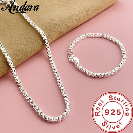 Andara Set di collana e bracciale a catena quadrata in argento sterling 925 da 4 mm per gioielli da festa per uomini e donne